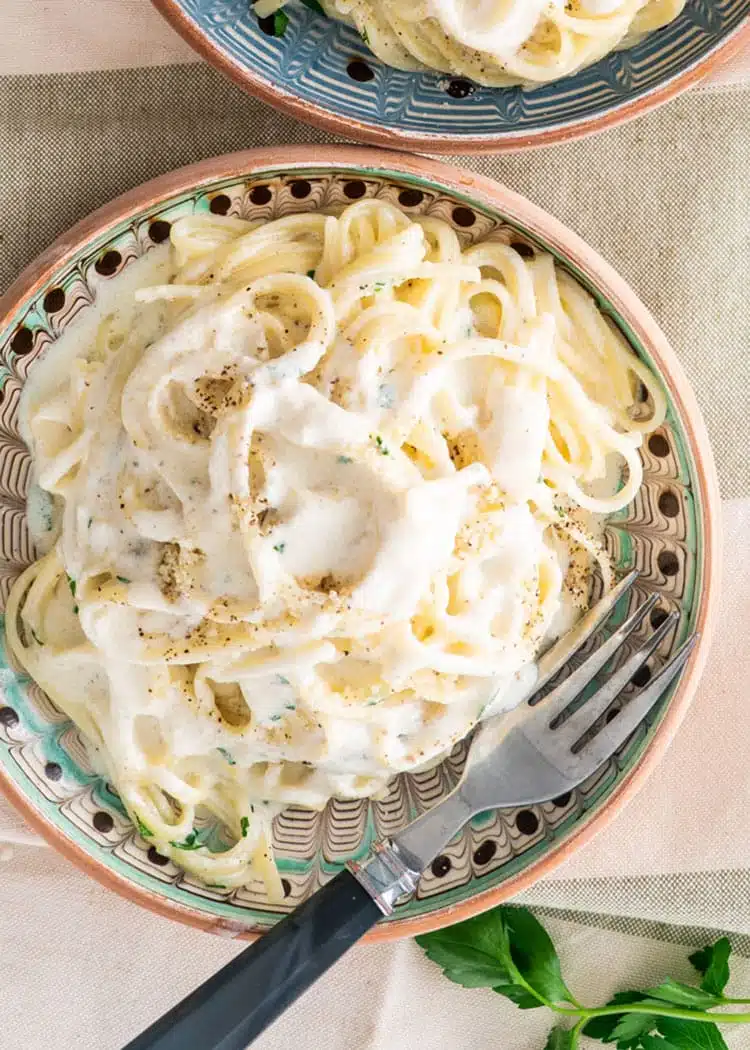 overhead shot of a plate of alfredo pasta and a fork