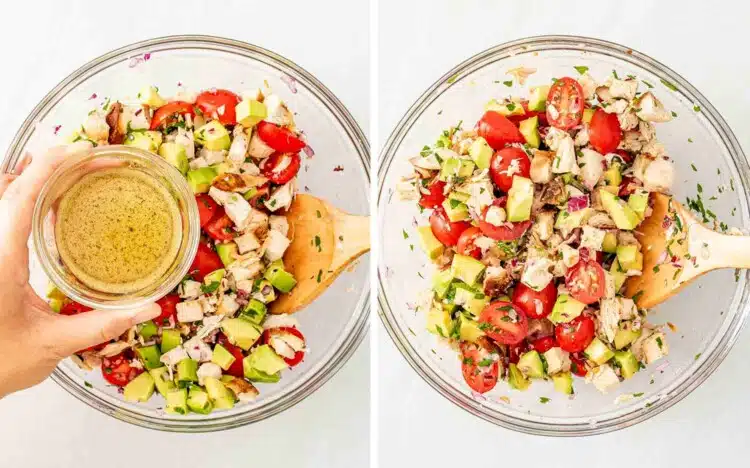 process shots showing how to make avocado chicken salad.