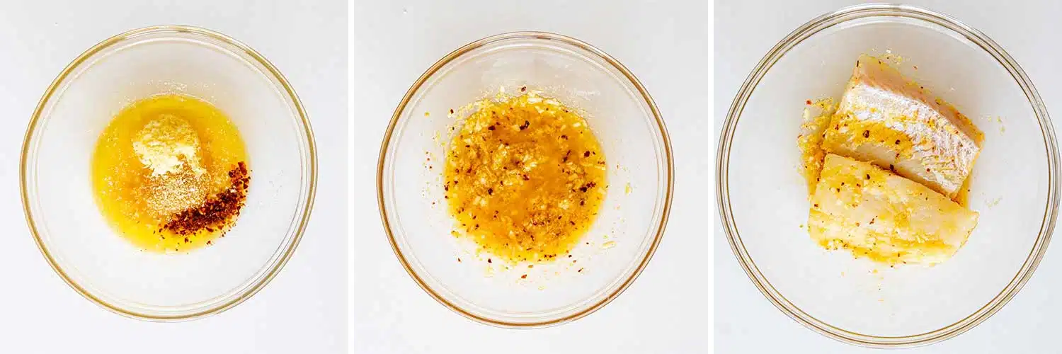 process shots showing how to make baked lemon butter cod.
