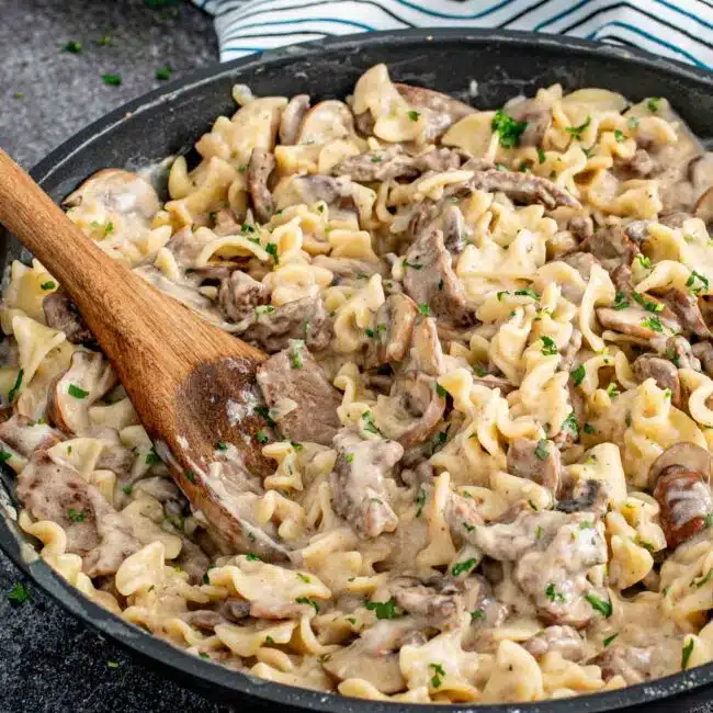 beef stroganoff in a skillet.