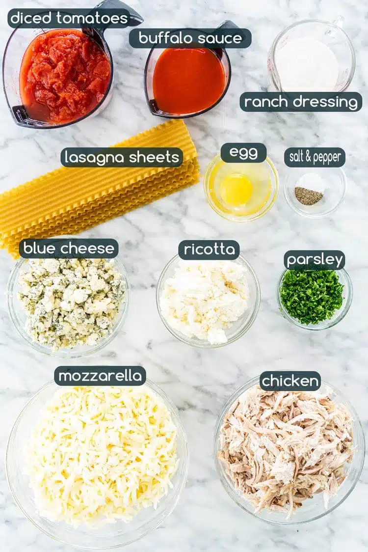 overhead shot of all ingredients needed to make Buffalo Chicken Lasagna