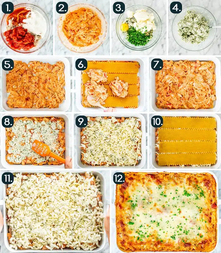 process shots showing how to make Buffalo Chicken Lasagna