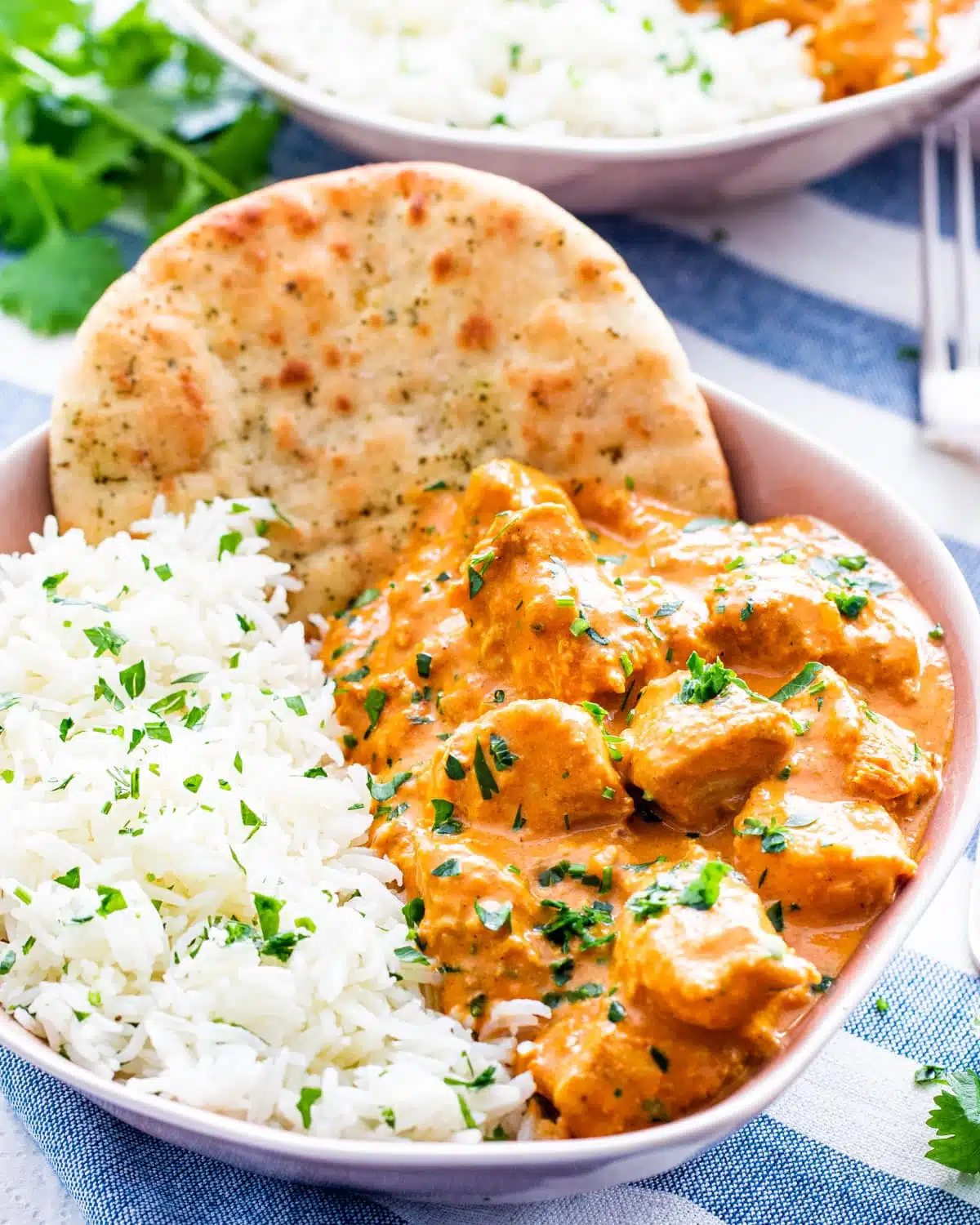 side view shot of butter chicken in a pink plate next to a side of rice with a slice of naan