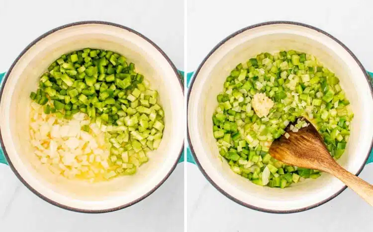 process shots showing how to make cajun potato soup.