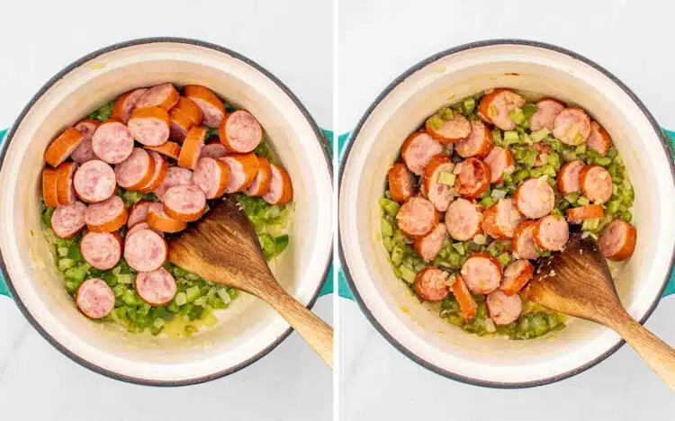 process shots showing how to make cajun potato soup.