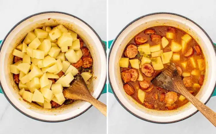 process shots showing how to make cajun potato soup.