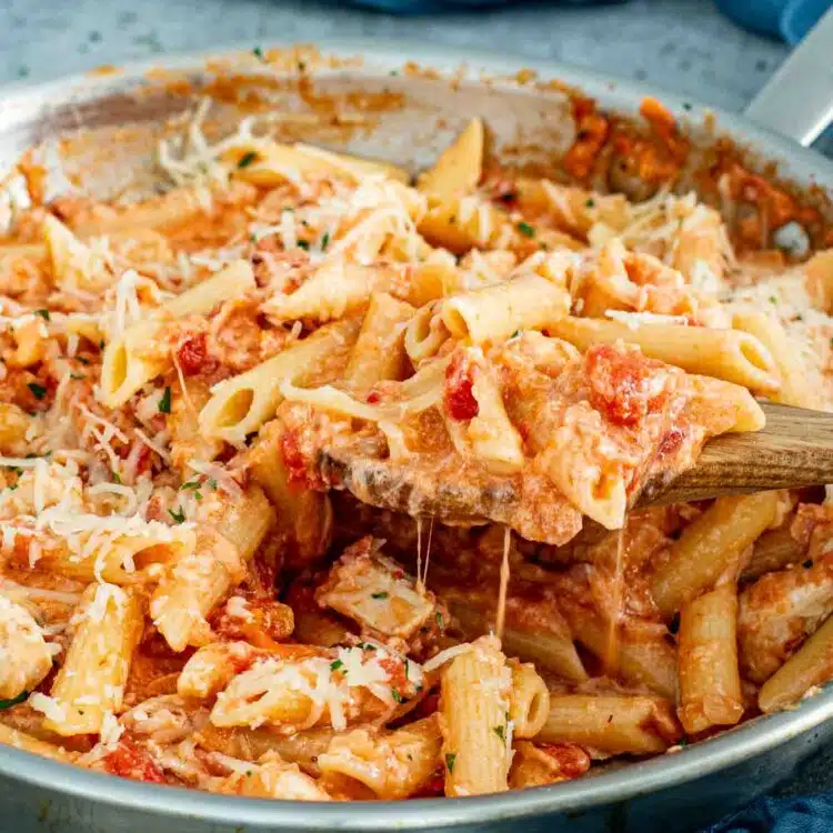 chicken bacon pasta in a skillet.