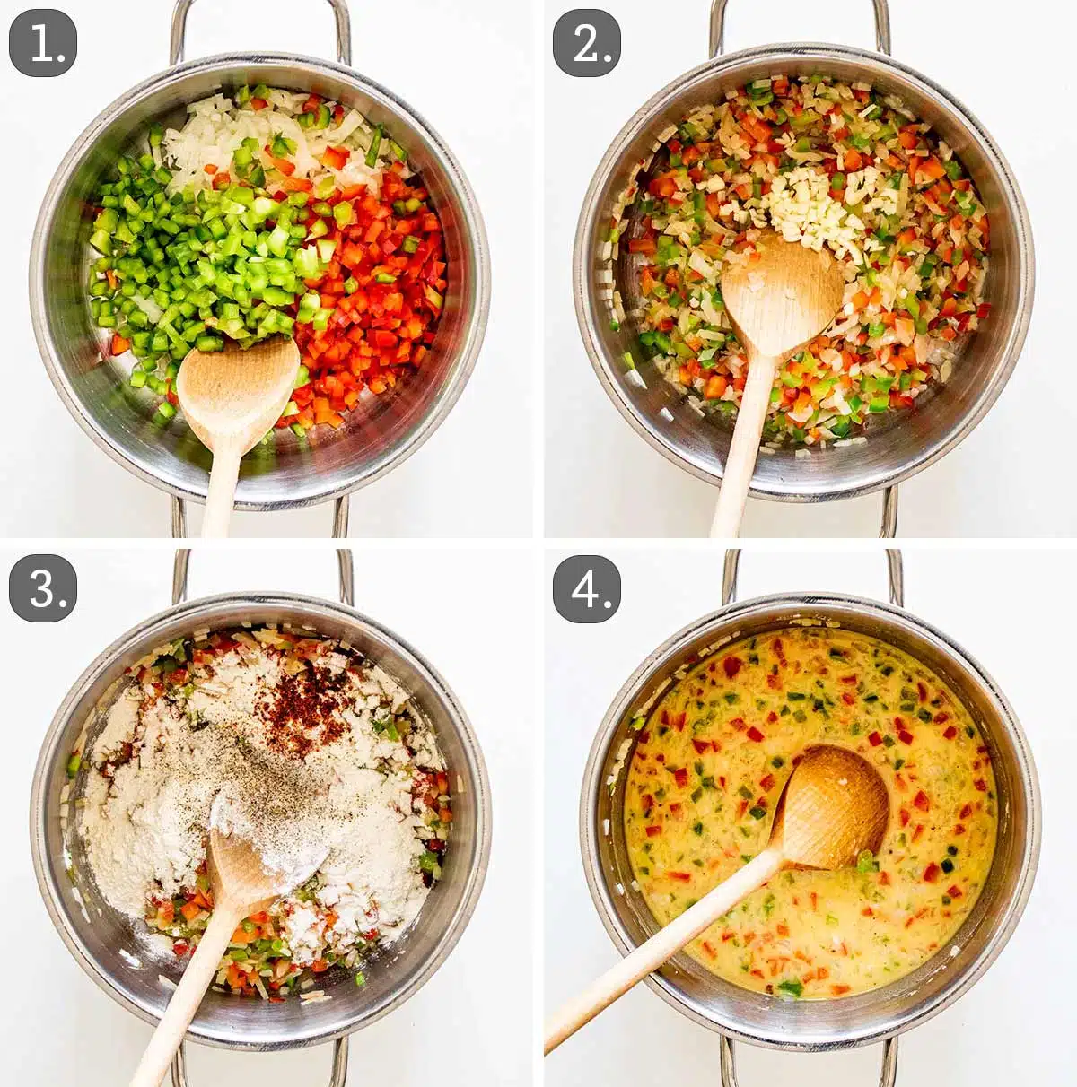 process shots showing how to make sauce for chicken spaghetti.