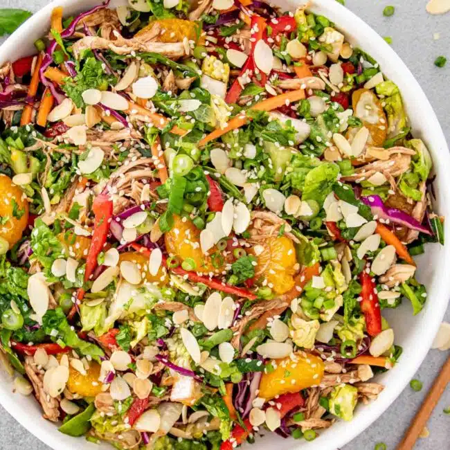 a gorgeous chinese chicken salad in a white salad bowl.