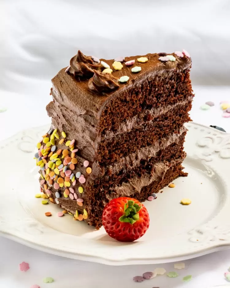 a slice of chocolate cake on a white plate