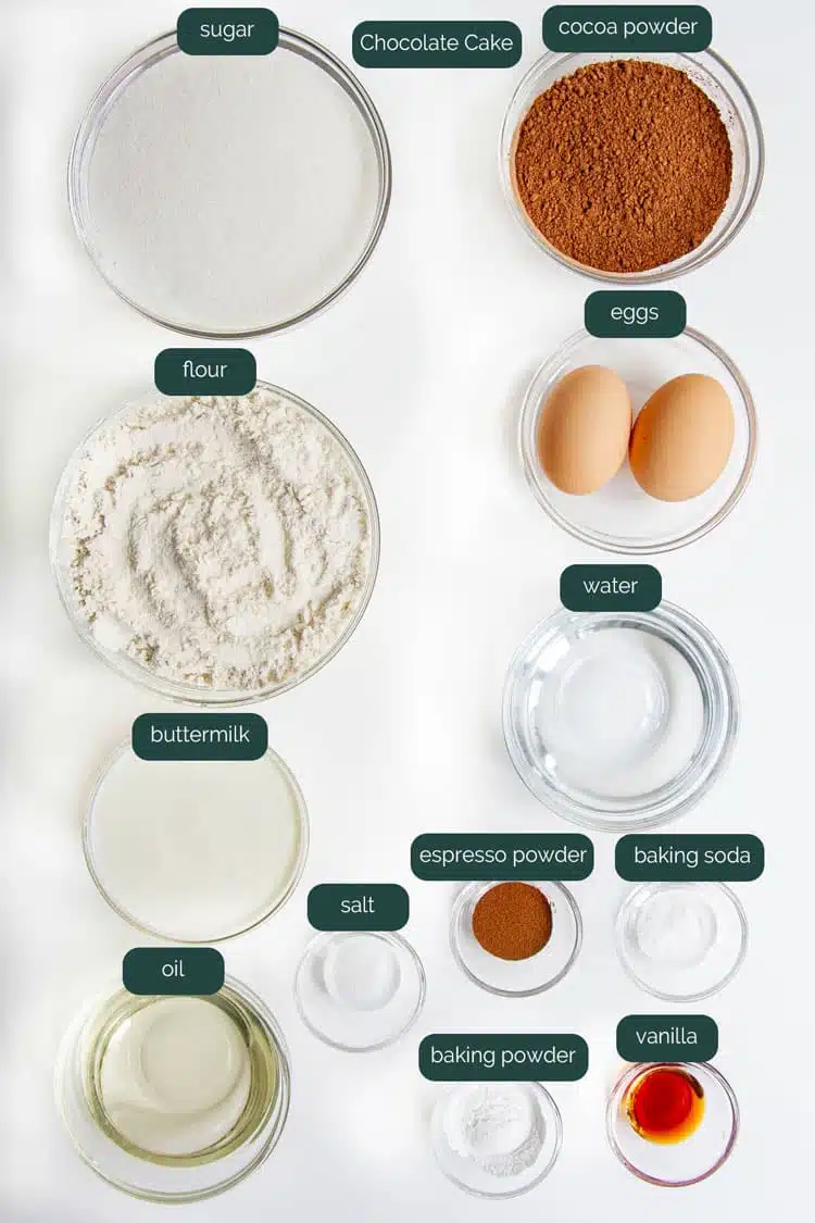 overhead shot of ingredients needed to make chocolate cake