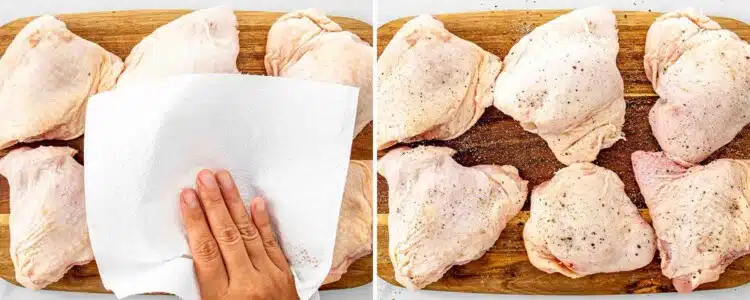 process shots showing how to make crispy lemon chicken thighs.