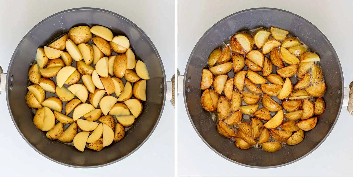 process shots showing how to make garlic butter steak and potatoes.