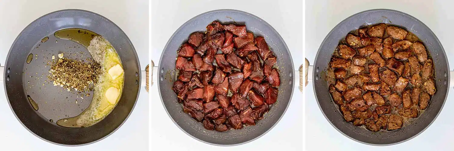 process shots showing how to make garlic butter steak and potatoes.