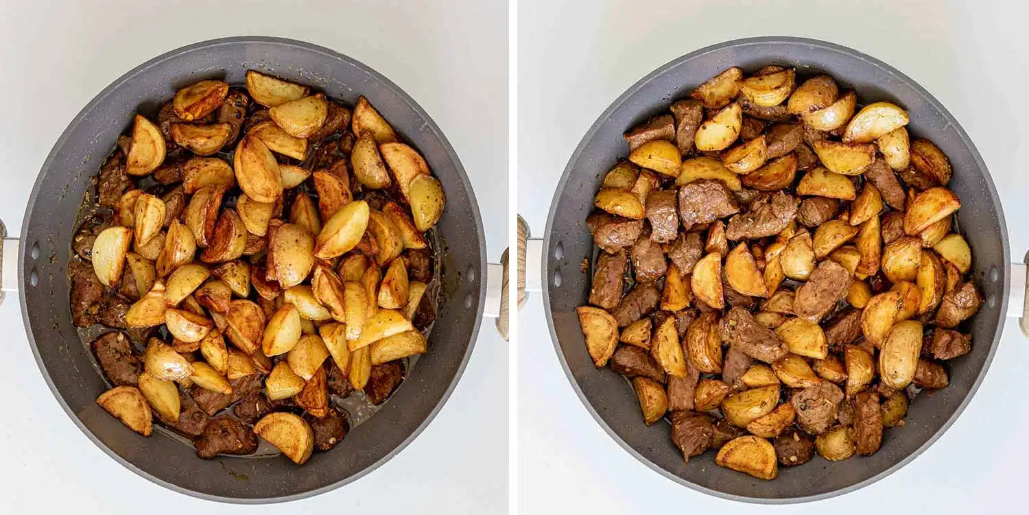 process shots showing how to make garlic butter steak and potatoes.