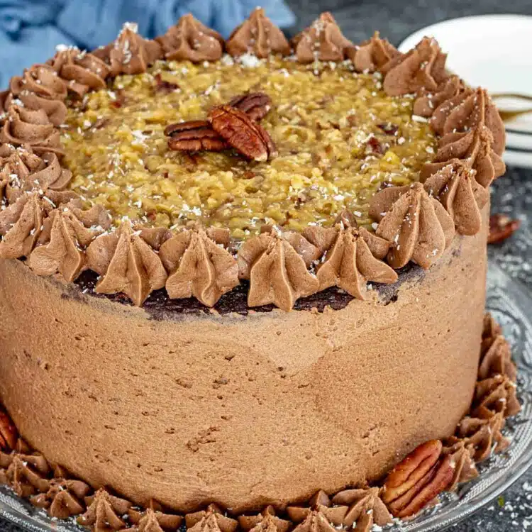 a german chocolate cake on a cake platter.
