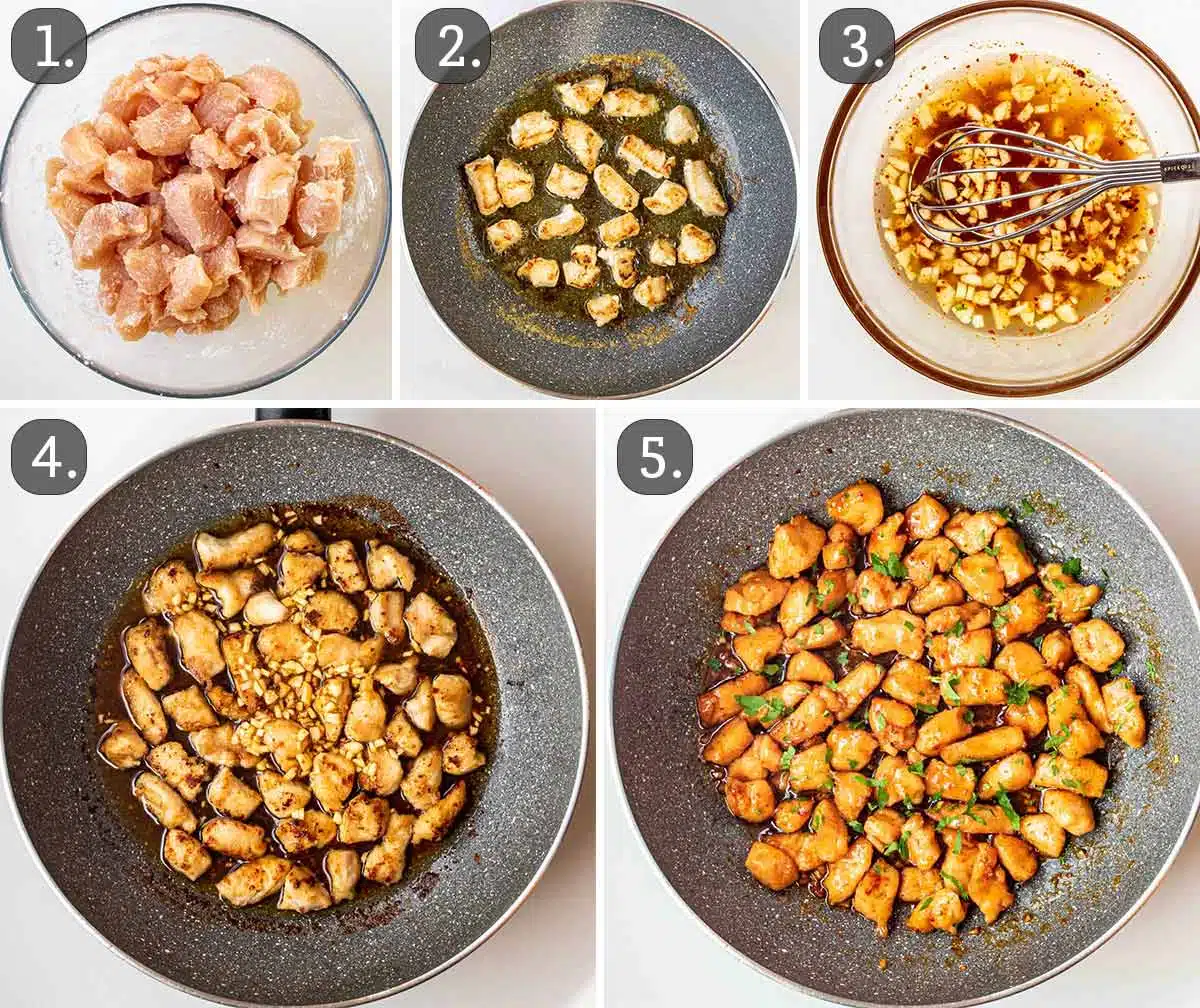 detailed process shots showing how to make honey garlic chicken bites.