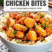 pin for honey garlic chicken bites.