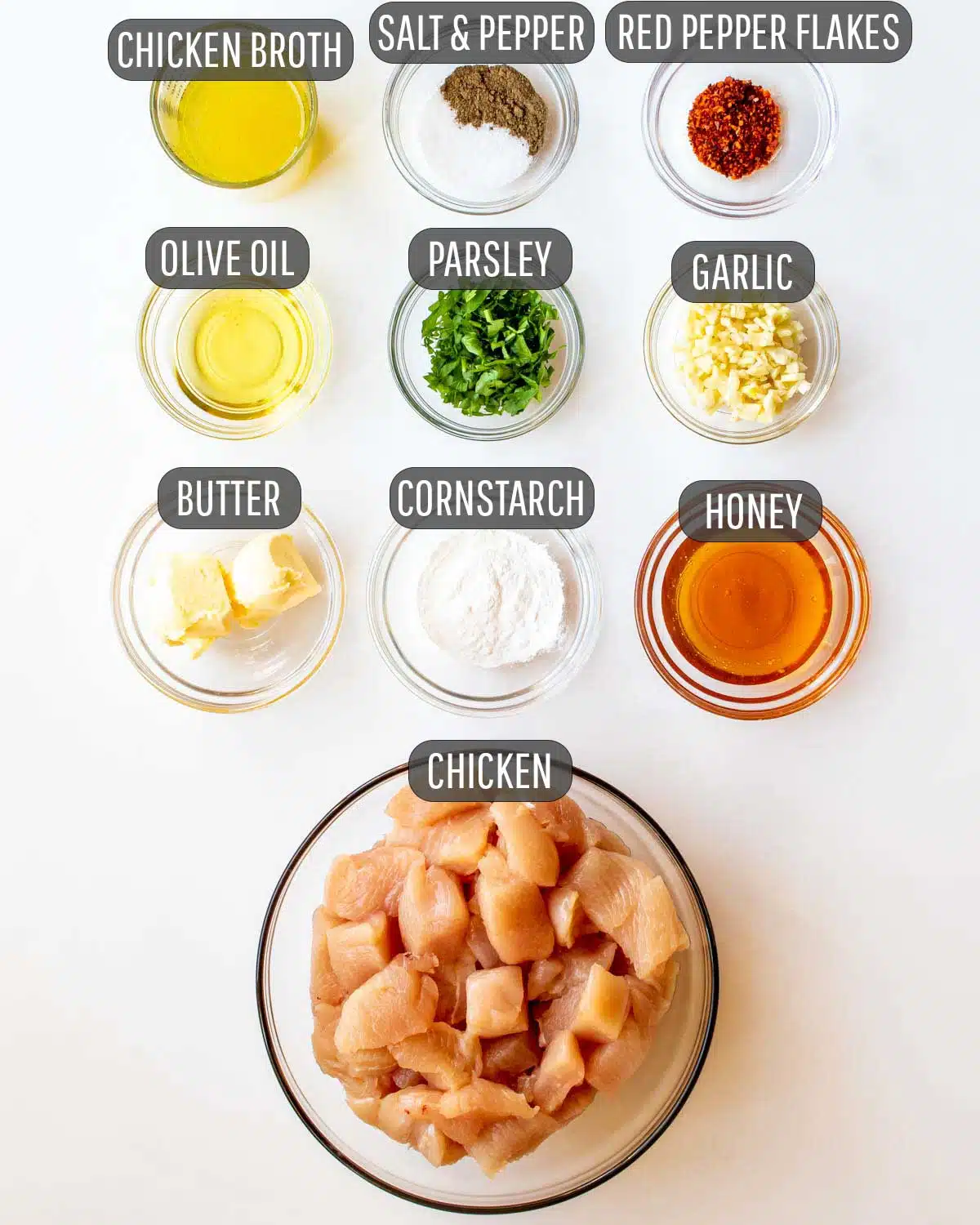 overhead shot of ingredients needed to make honey garlic chicken bites.