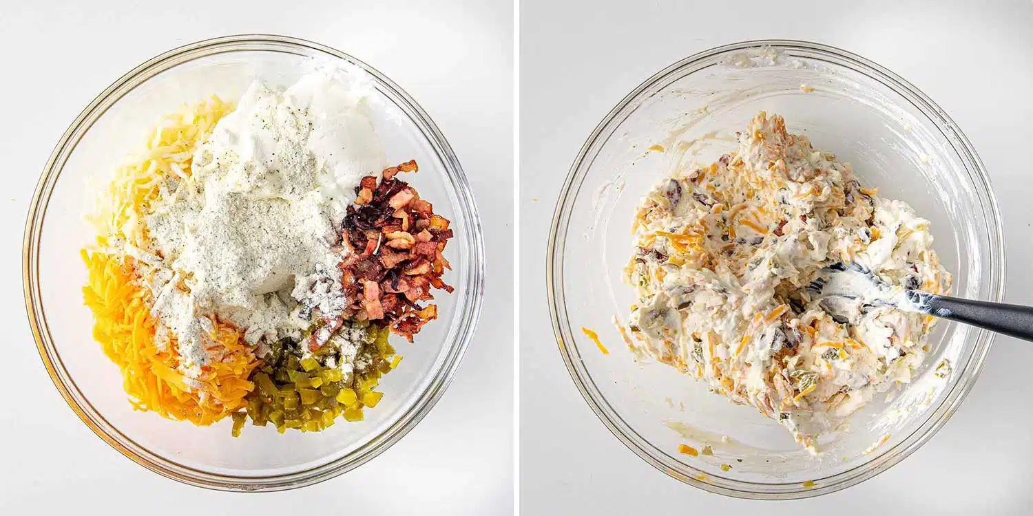 process shots showing how to make jalapeno popper dip.