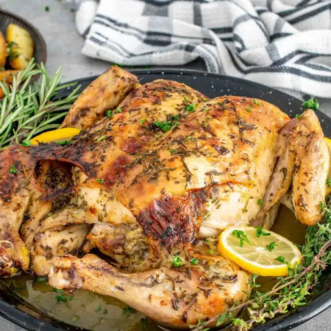 fresh out of the oven lemon garlic spatchcock chicken in a skillet.