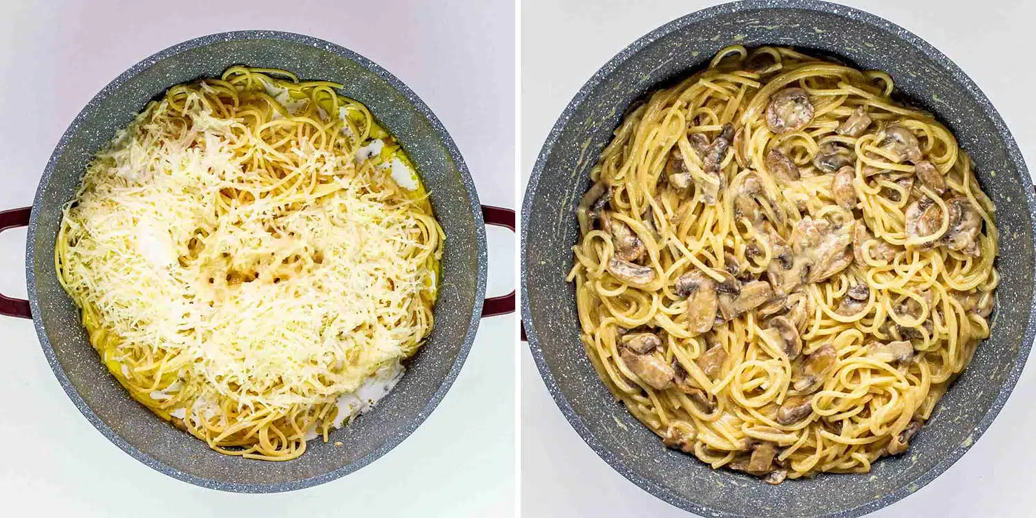 process shots showing how to make mushroom pasta.