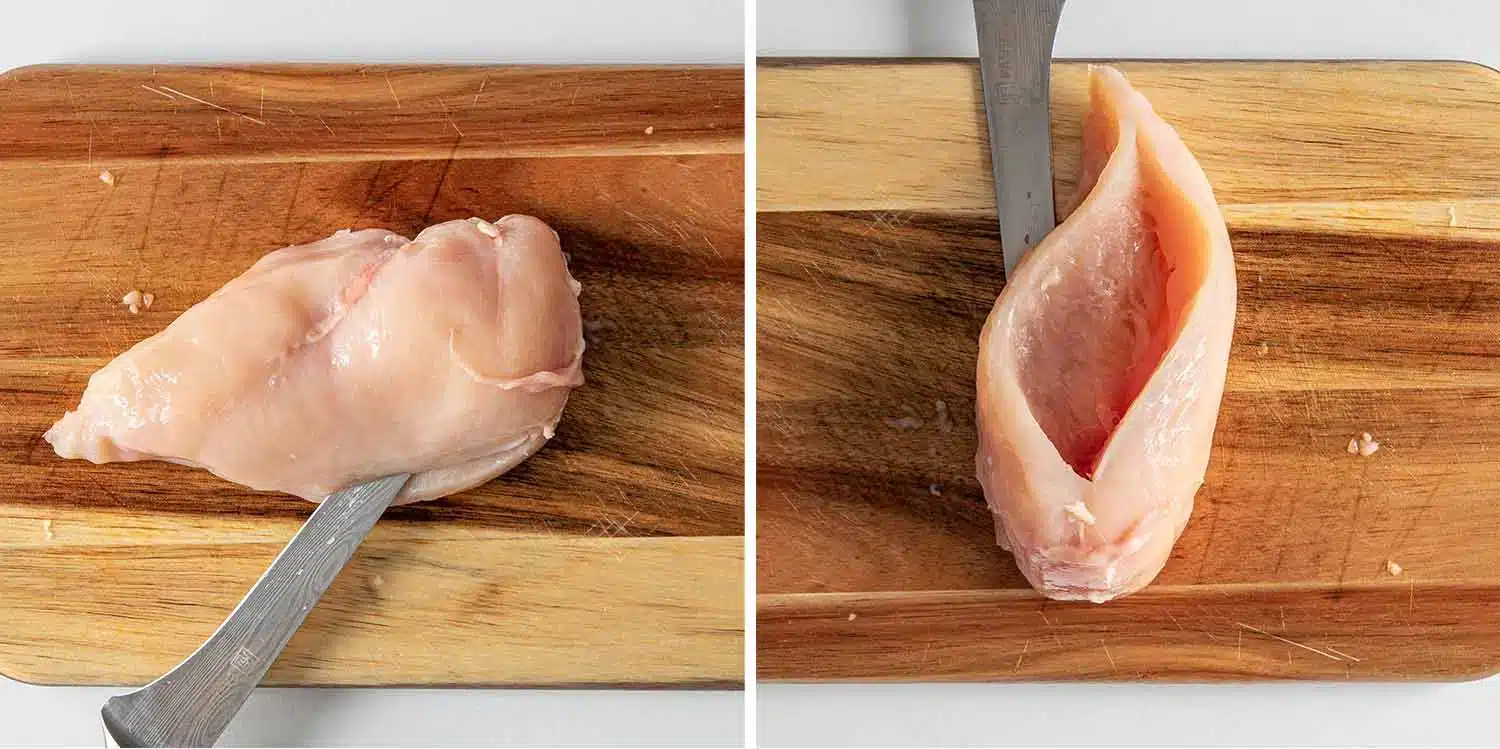 process shots showing how to make pizza stuffed chicken breast.