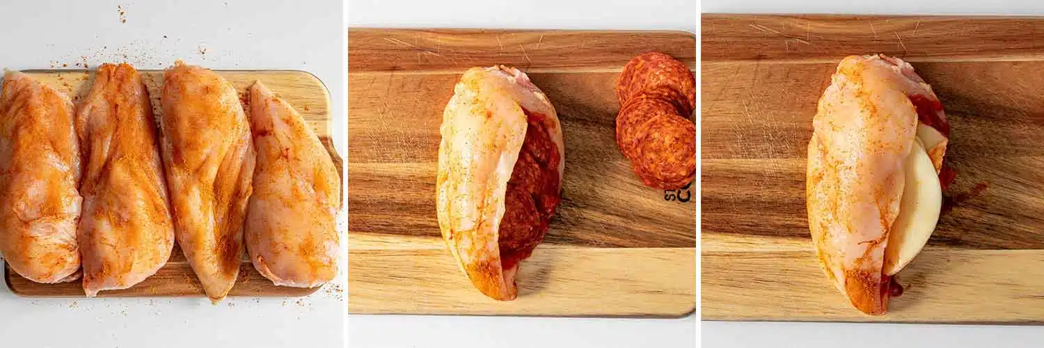 process shots showing how to make pizza stuffed chicken breast.