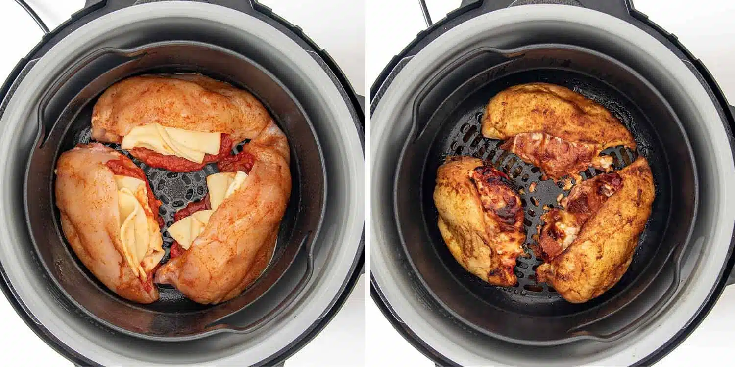 process shots showing how to make pizza stuffed chicken breast.