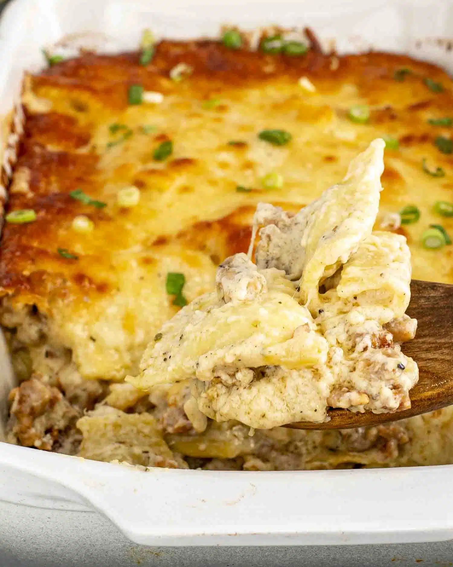fresh out of the oven ravioli alfredo bake in a casserole dish.