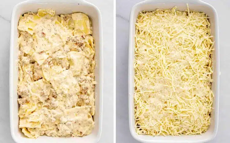 process shots showing how to make ravioli alfredo bake.