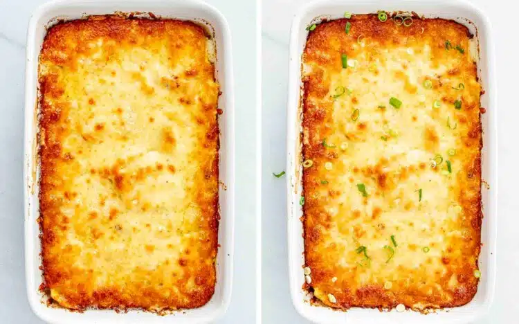 process shots showing how to make ravioli alfredo bake.