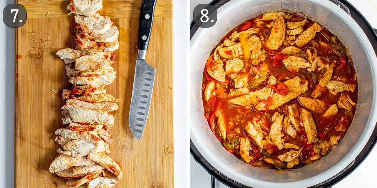 process shots showing how to finish making slow cooker chicken fajitas.