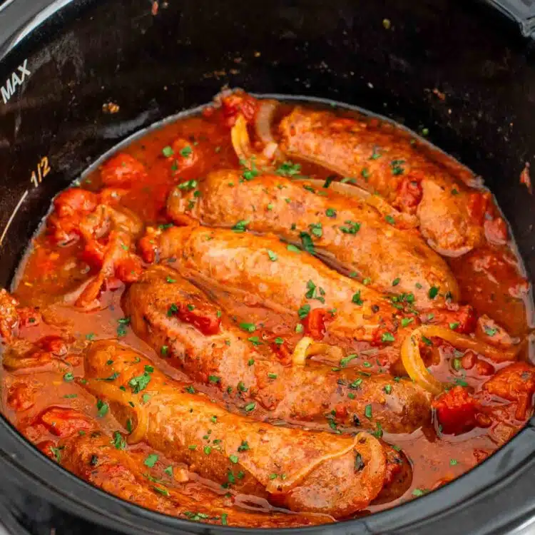slow cooker sausage and peppers freshly made.