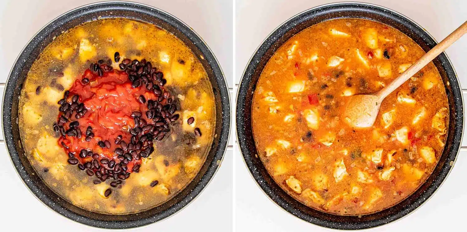 detailed process shots showing how to make southwest chicken and rice skillet.