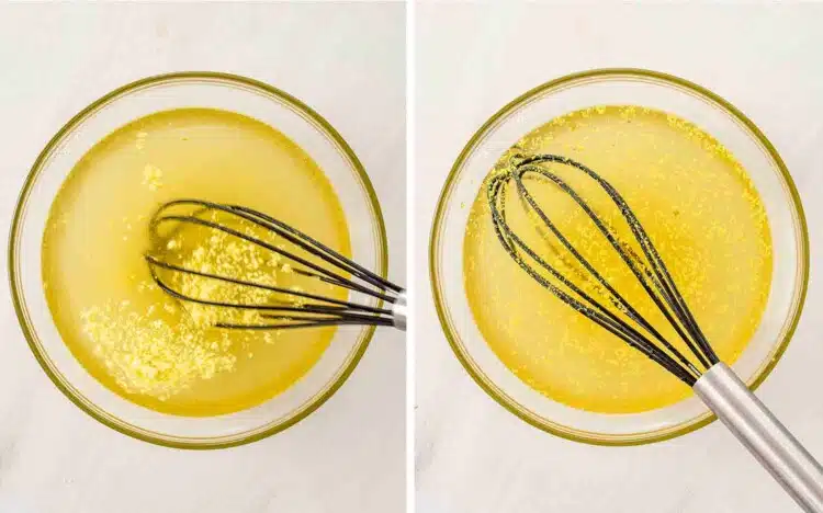 process shots showing how to make stir fried chicken and veggies in white sauce.