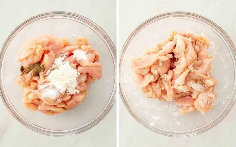 process shots showing how to make stir fried chicken and veggies in white sauce.