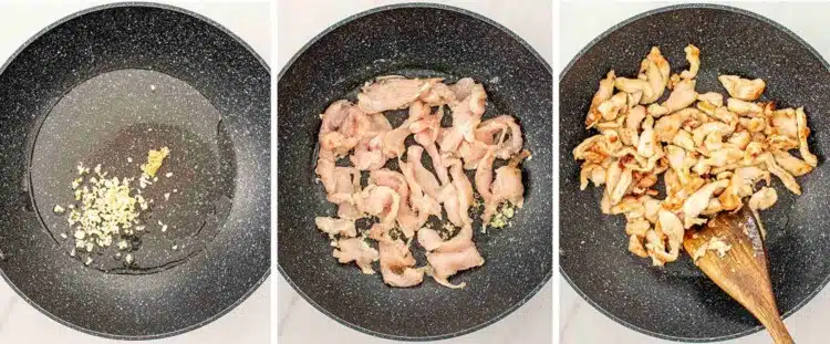 process shots showing how to make stir fried chicken and veggies in white sauce.