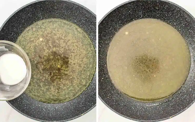 process shots showing how to make stir fried chicken and veggies in white sauce.