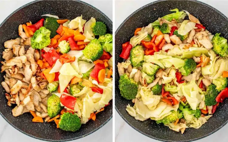 process shots showing how to make stir fried chicken and veggies in white sauce.