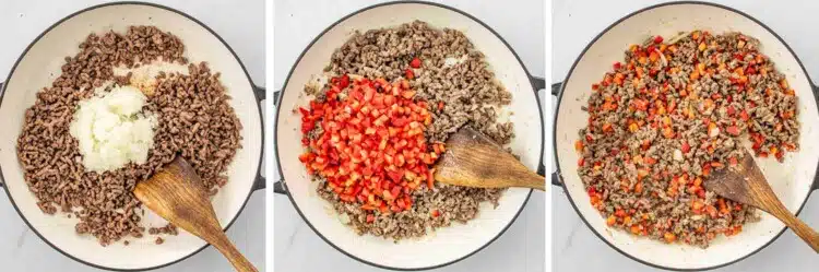 process shots showing how to make stuffed pepper casserole.