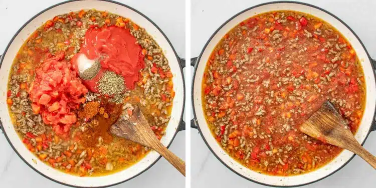process shots showing how to make stuffed pepper casserole.