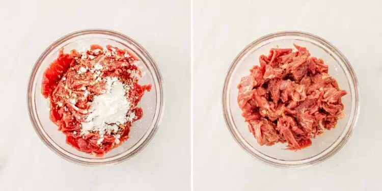 process shots showing how to make szechuan beef.