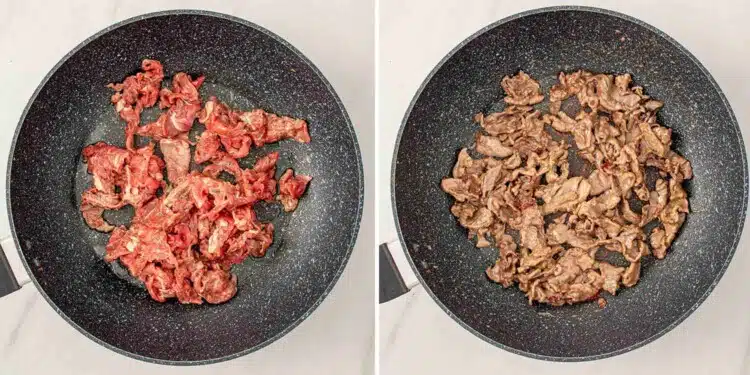process shots showing how to make szechuan beef.