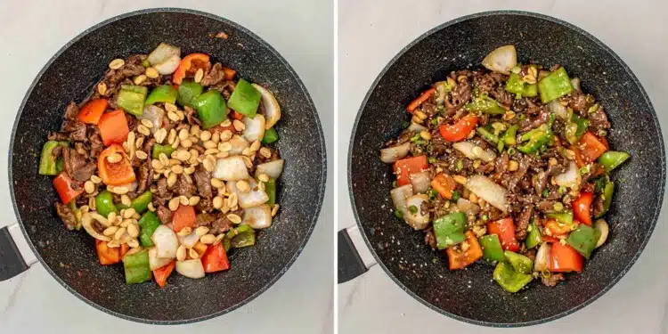 process shots showing how to make szechuan beef.